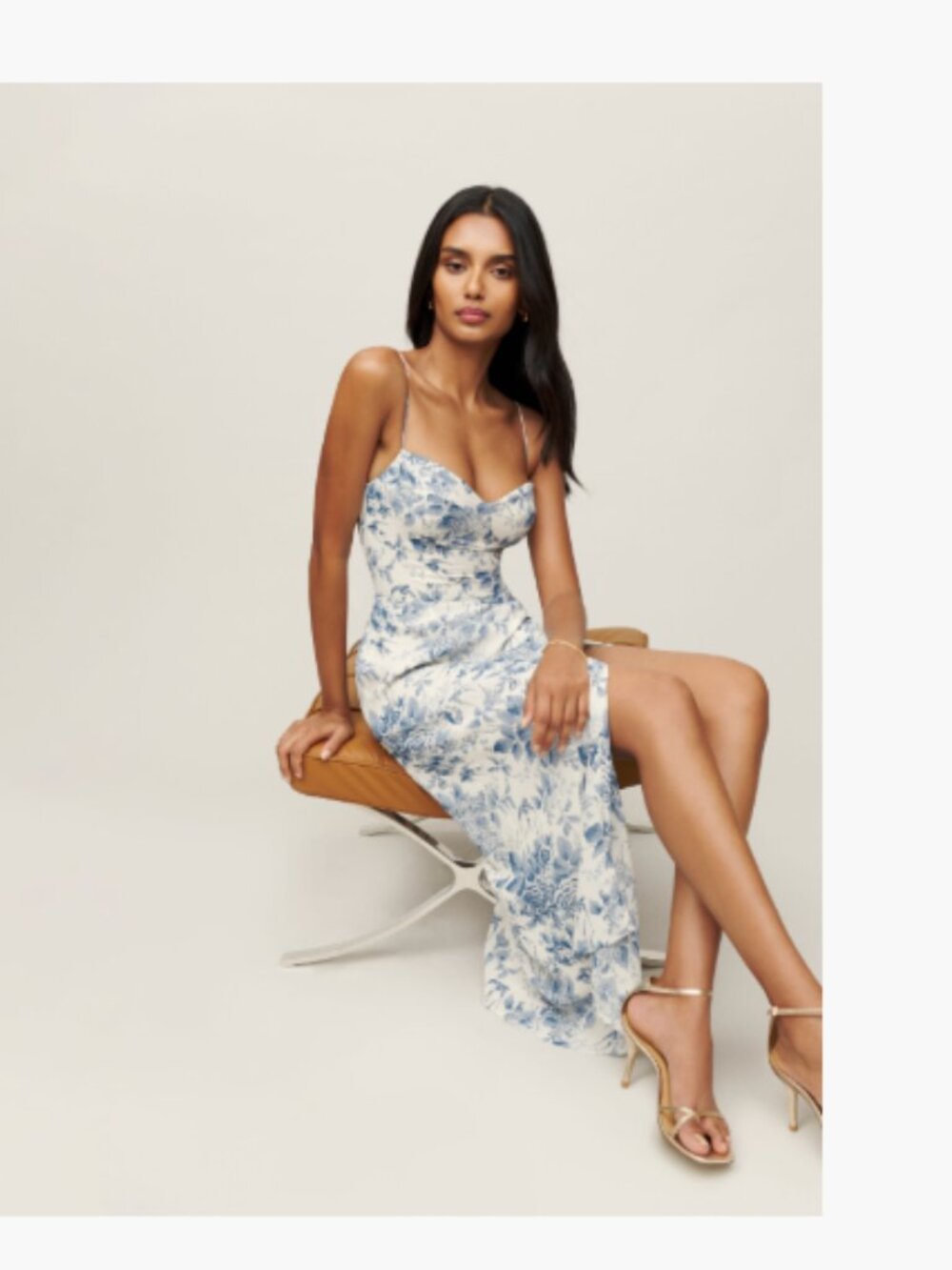 Reformation Cream Midi Dress with Blue Floral Print